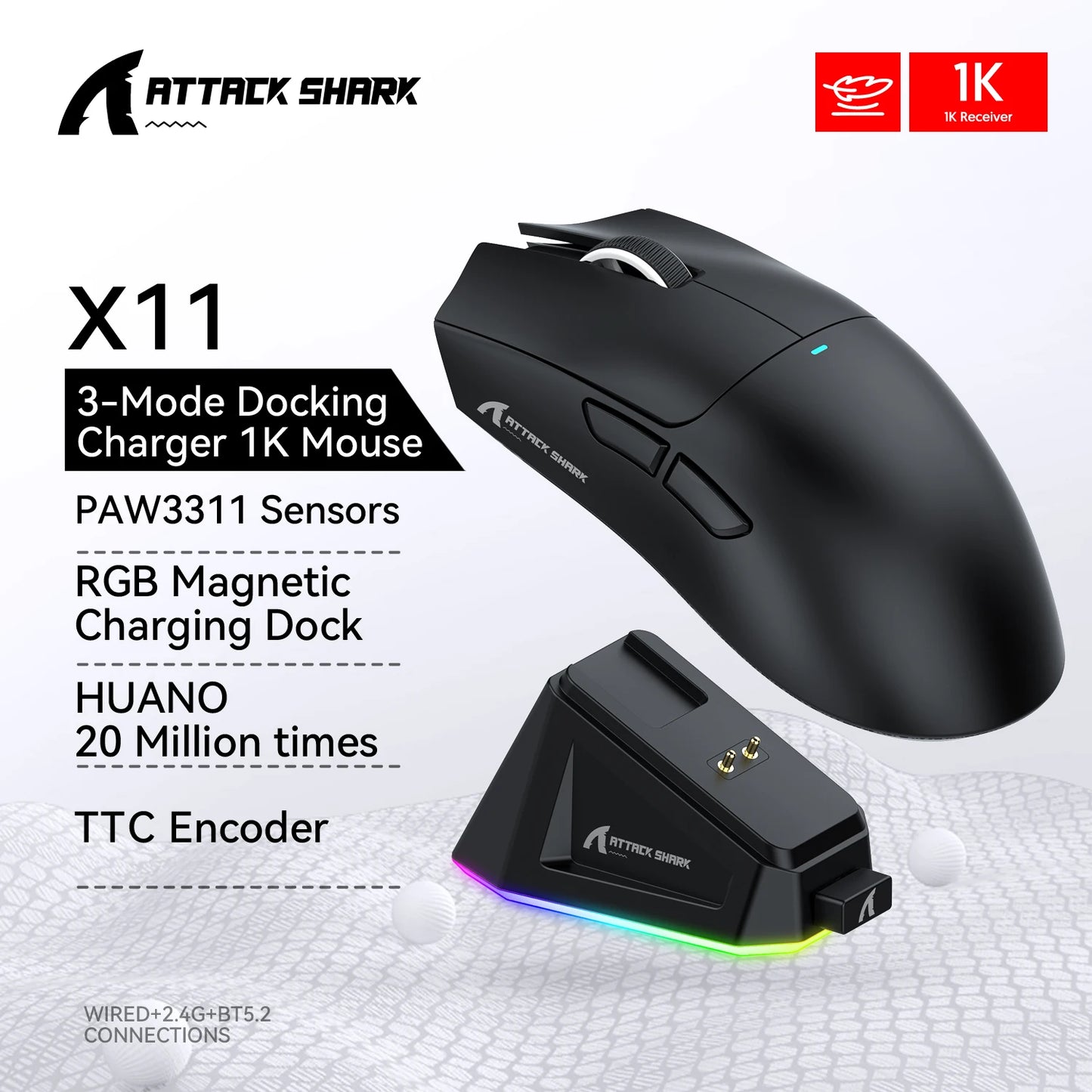 Rato sem fios Attack Shark X11, Bluetooth/2.4G/com fios, rato tri-mode, base de carregamento magnético RGB PAW3311, rato para jogos