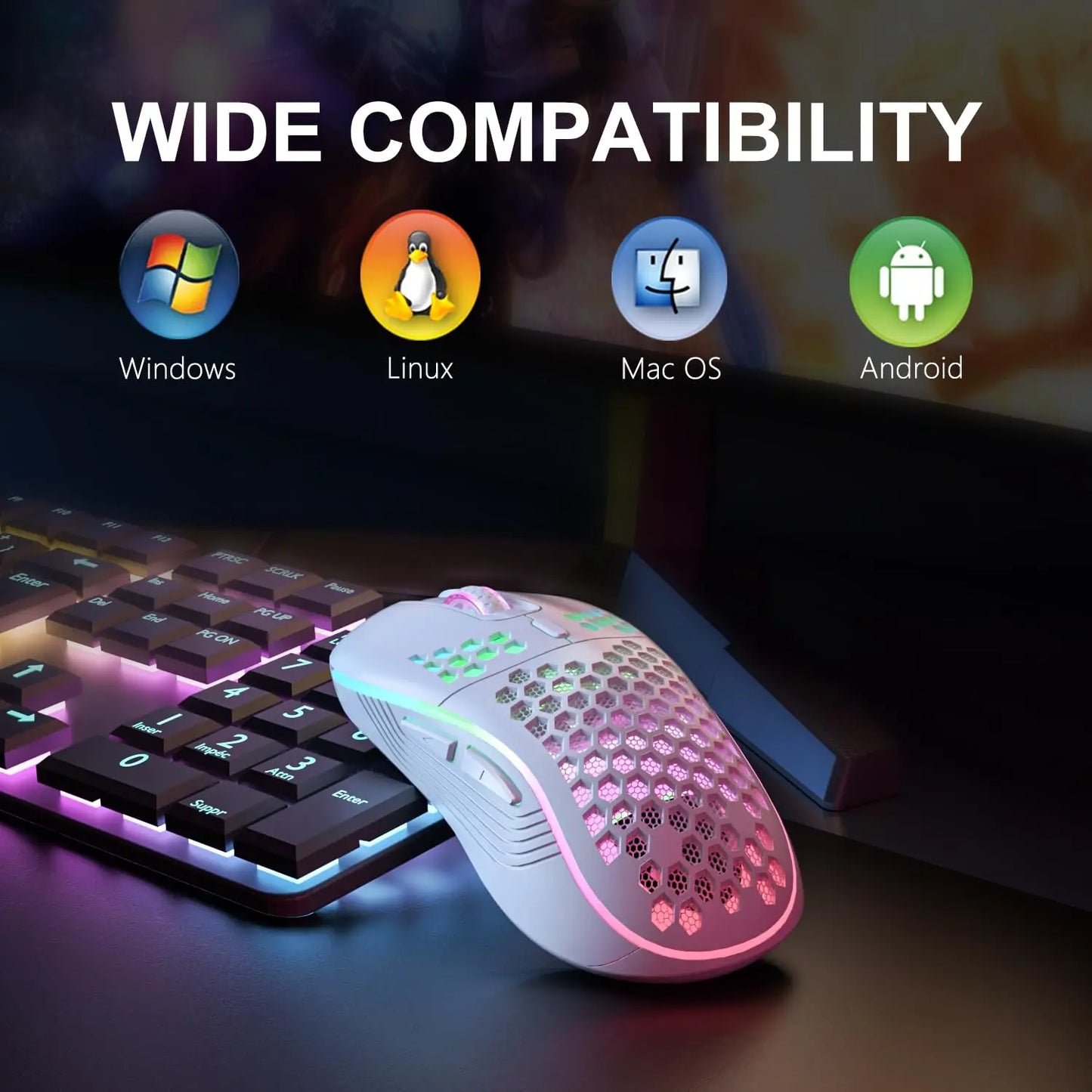 Rato gaming sem fios 2.4G com iluminação RGB e carregamento, DPI ajustável, design ergonómico em forma de favo de mel, para desktop e portátil