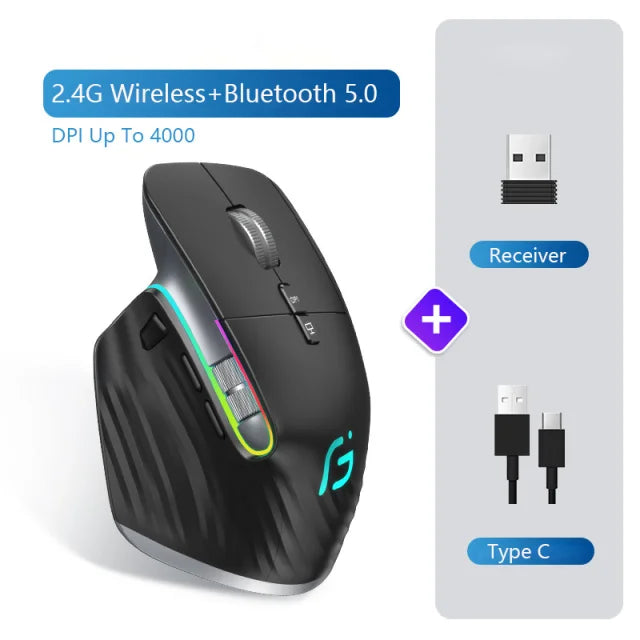 Rato sem fios multidispositivo Bluetooth 5.0 e 3.0 Rato óptico portátil sem fios 2.4G Ratos de computador ergonómicos para destros