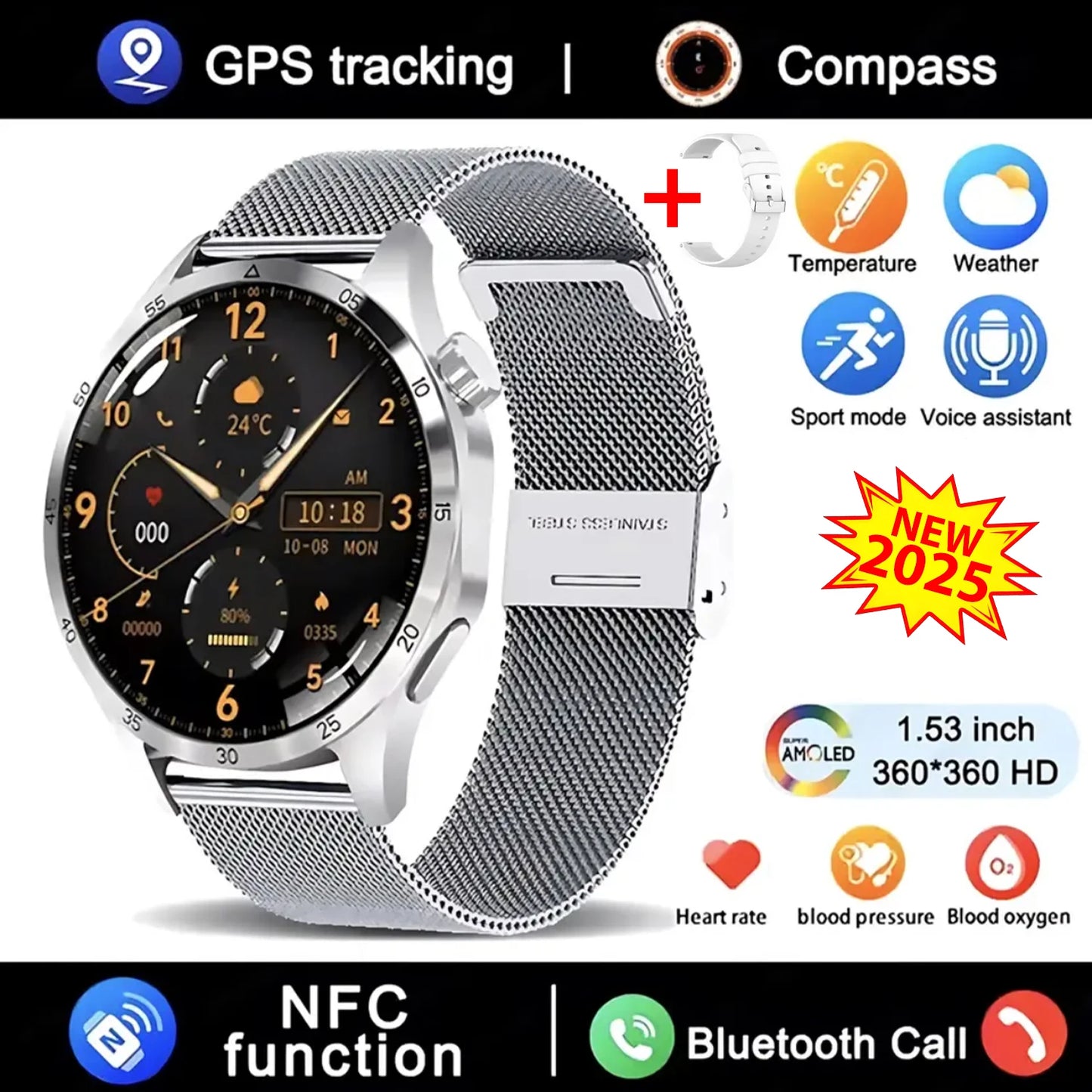 Novo relógio inteligente GT4 Pro MAX 2025, homem e mulher, ecrã HD 360*360, GPS NFC, bússola, ritmo cardíaco, desportos ao ar livre, IP68