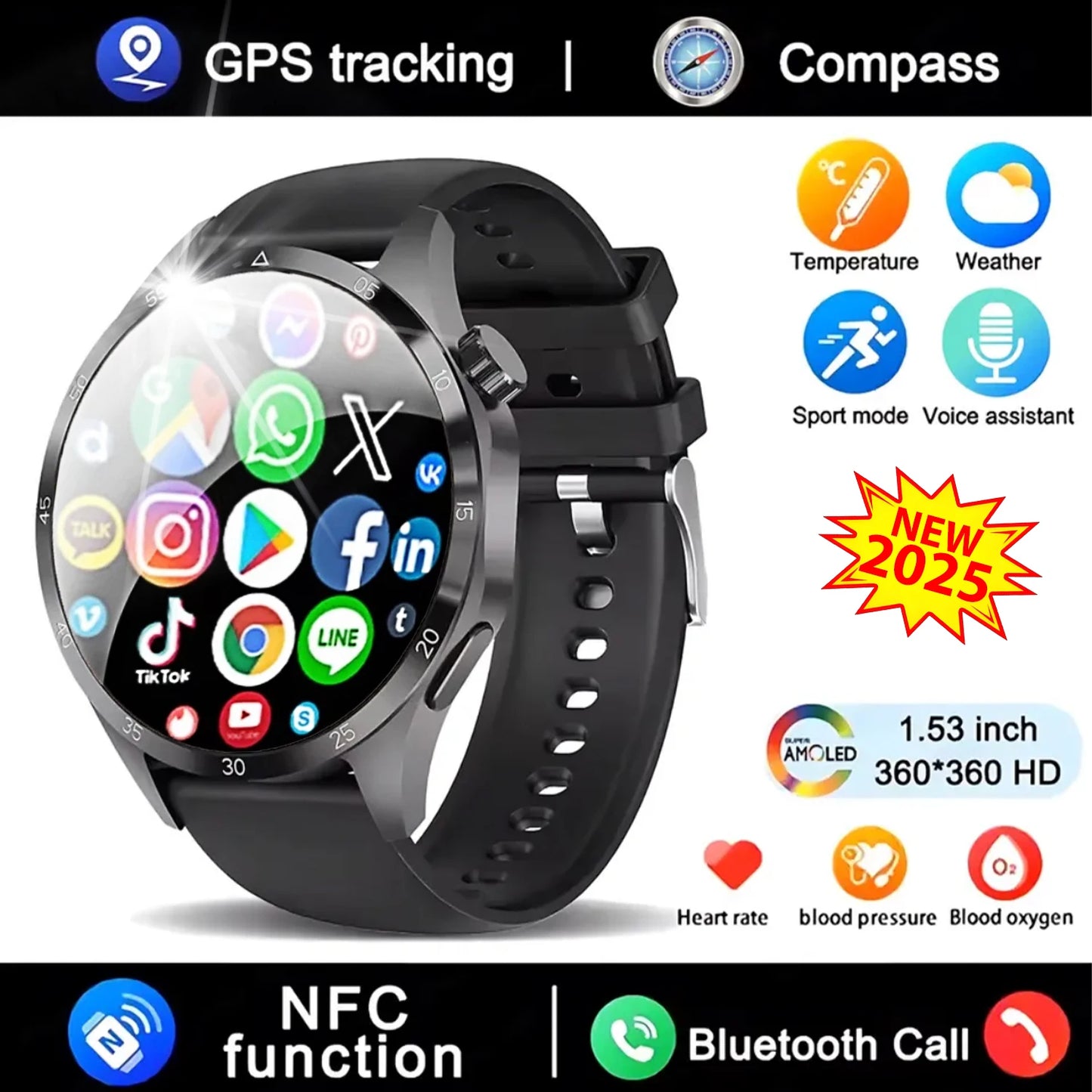 Novo relógio inteligente GT4 Pro MAX 2025, homem e mulher, ecrã HD 360*360, GPS NFC, bússola, ritmo cardíaco, desportos ao ar livre, IP68