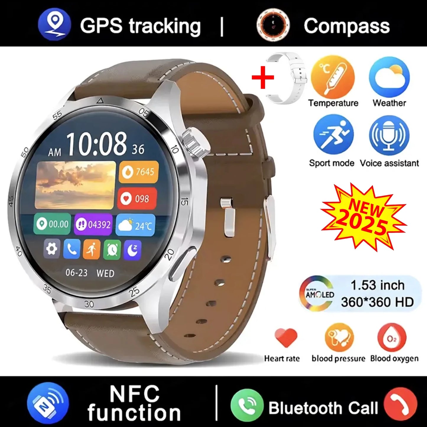 Novo relógio inteligente GT4 Pro MAX 2025, homem e mulher, ecrã HD 360*360, GPS NFC, bússola, ritmo cardíaco, desportos ao ar livre, IP68