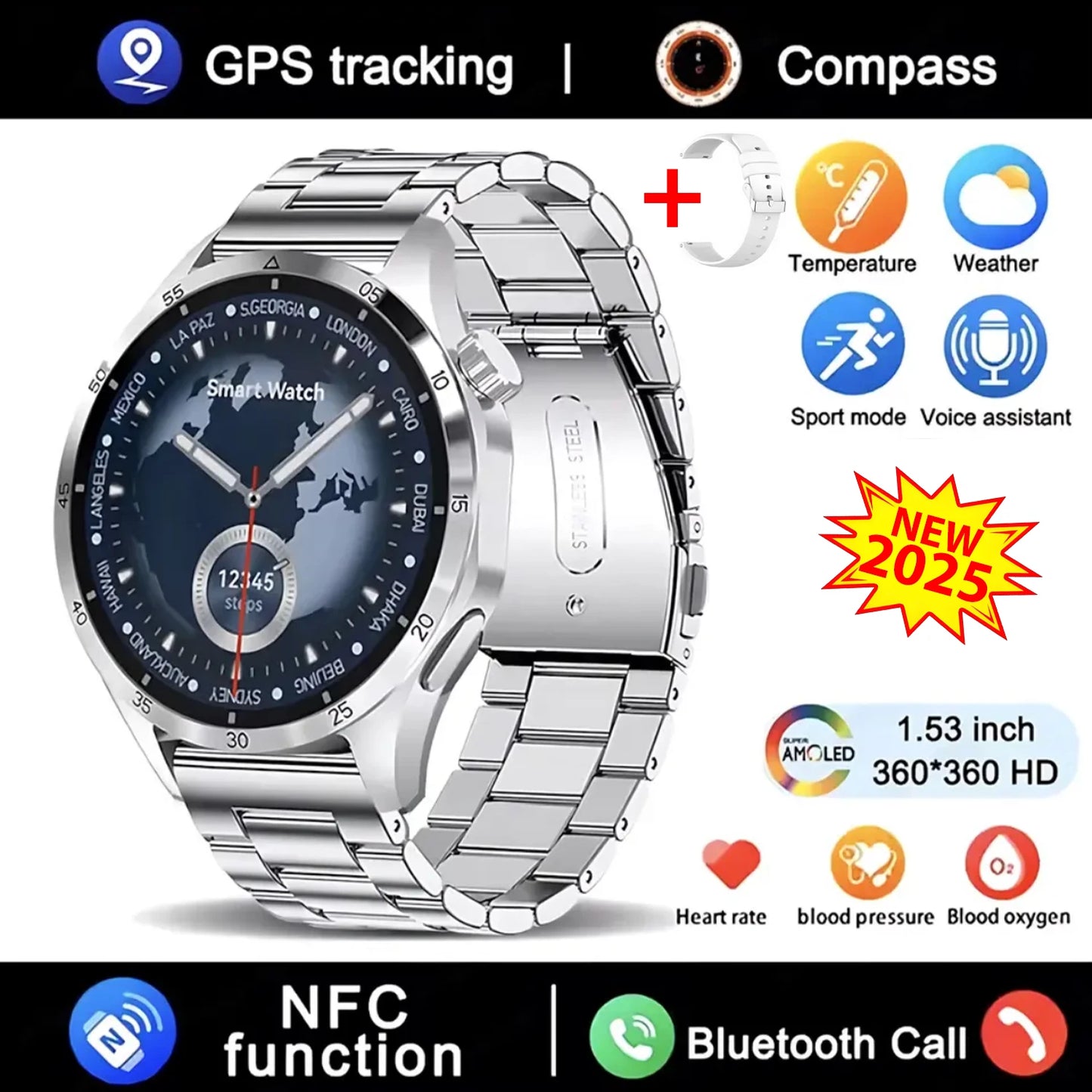 Novo relógio inteligente GT4 Pro MAX 2025, homem e mulher, ecrã HD 360*360, GPS NFC, bússola, ritmo cardíaco, desportos ao ar livre, IP68
