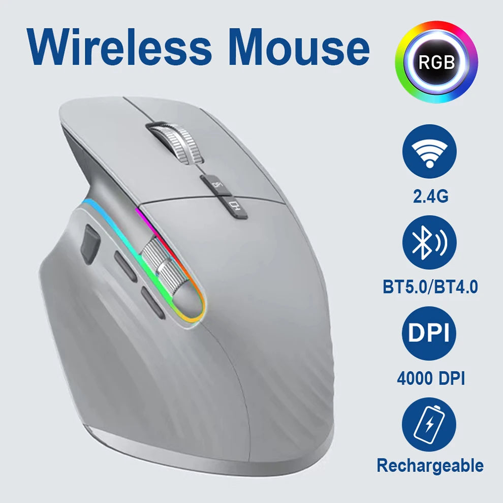 Rato sem fios multidispositivo Bluetooth 5.0 e 3.0 Rato óptico portátil sem fios 2.4G Ratos de computador ergonómicos para destros