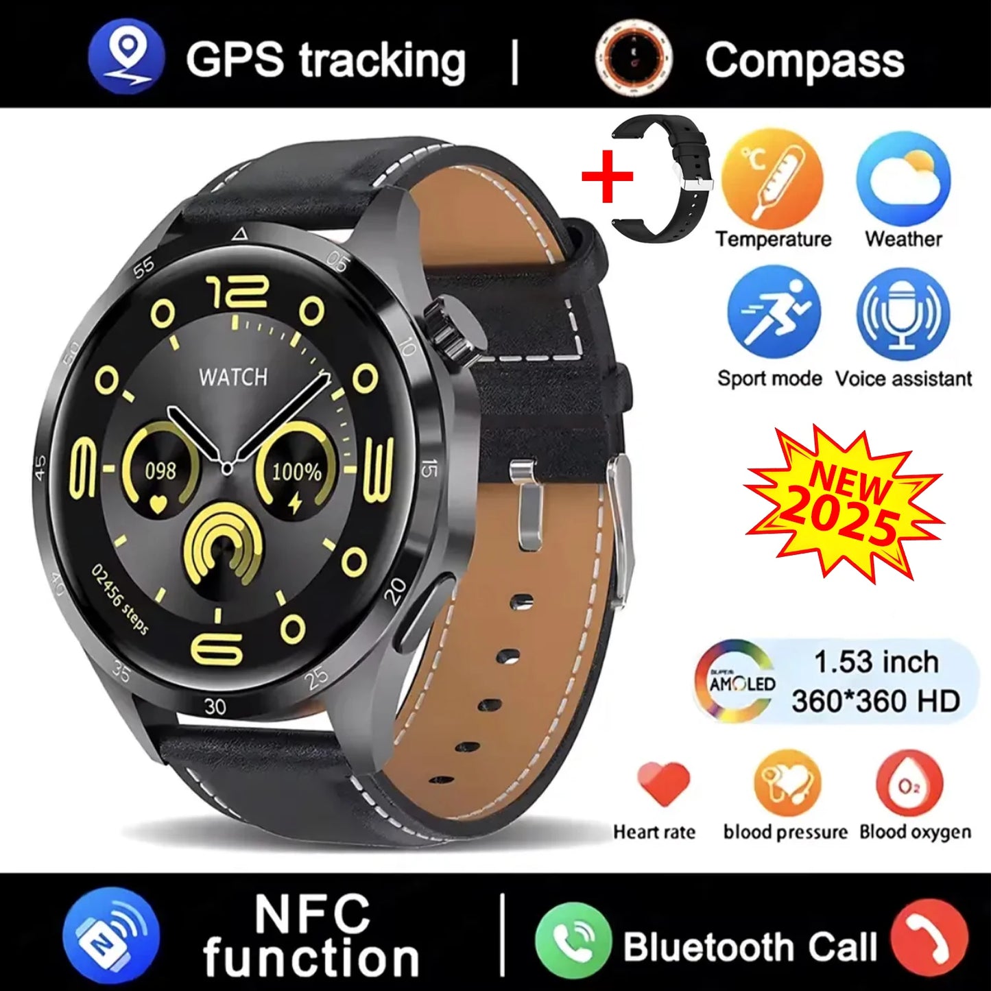 Novo relógio inteligente GT4 Pro MAX 2025, homem e mulher, ecrã HD 360*360, GPS NFC, bússola, ritmo cardíaco, desportos ao ar livre, IP68