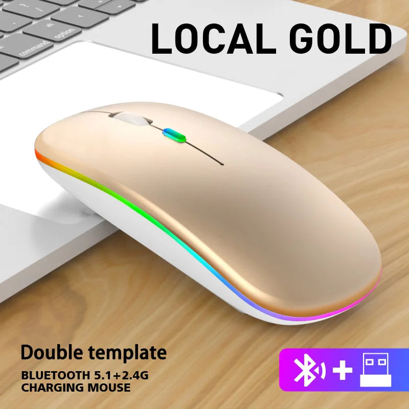Rato sem fios Bluetooth e 2,4 GHz Modos duplos Recarregável RGB Ergonómico