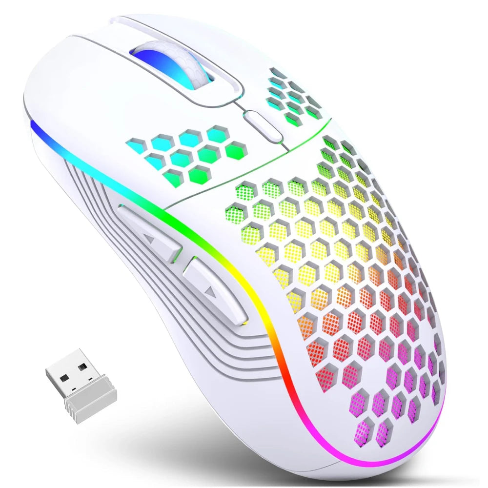 Rato gaming sem fios 2.4G com iluminação RGB e carregamento, DPI ajustável, design ergonómico em forma de favo de mel, para desktop e portátil