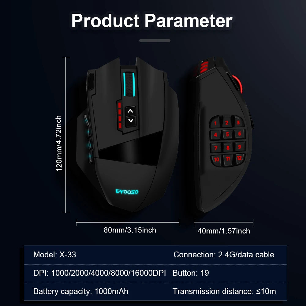 Rato óptico gaming sem fios E-YOOSO X-33 RGB USB 2.4G 16000 DPI, 16 botões, programável, para computador, PC e portátil