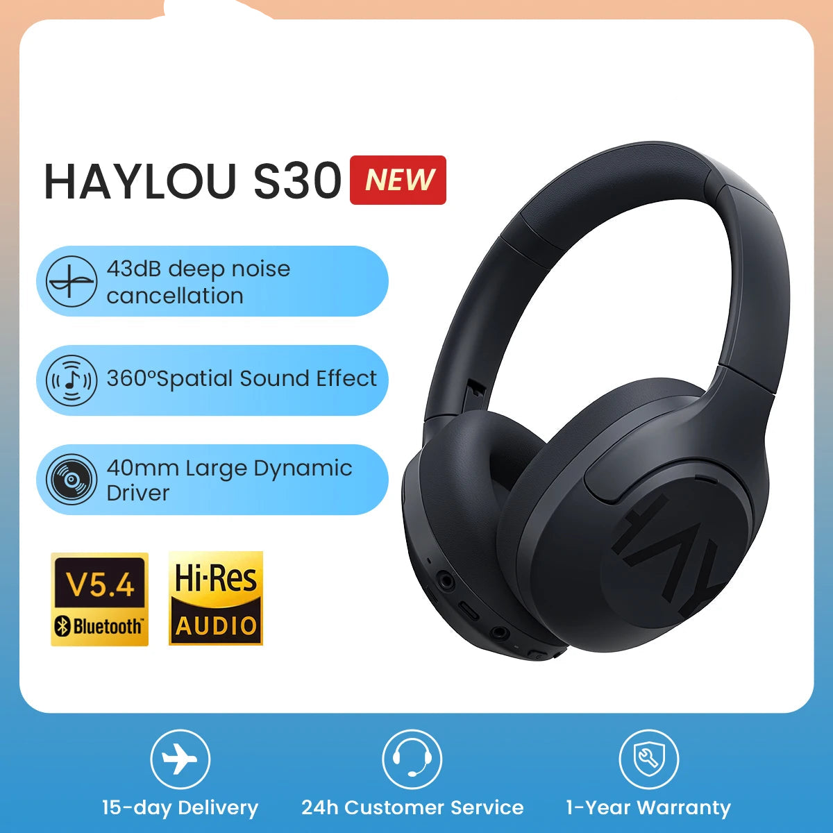 HAYLOU S30 Wireless Bluetooth 5.4 Headphones 43dB Adaptive Noise Cancelling Headsets 40mm Driver 80H Playtime Earphones