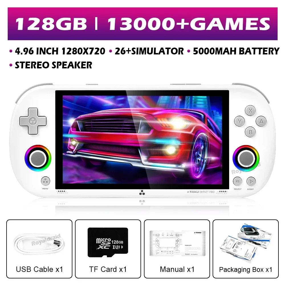 Consola de videojogos portátil Trimui Smart Pro com ecrã IPS de 4,96'', videojogo retro, joystick para sistema Linux de 128G e 256G, luz RGB, mais de 13.000 jogos