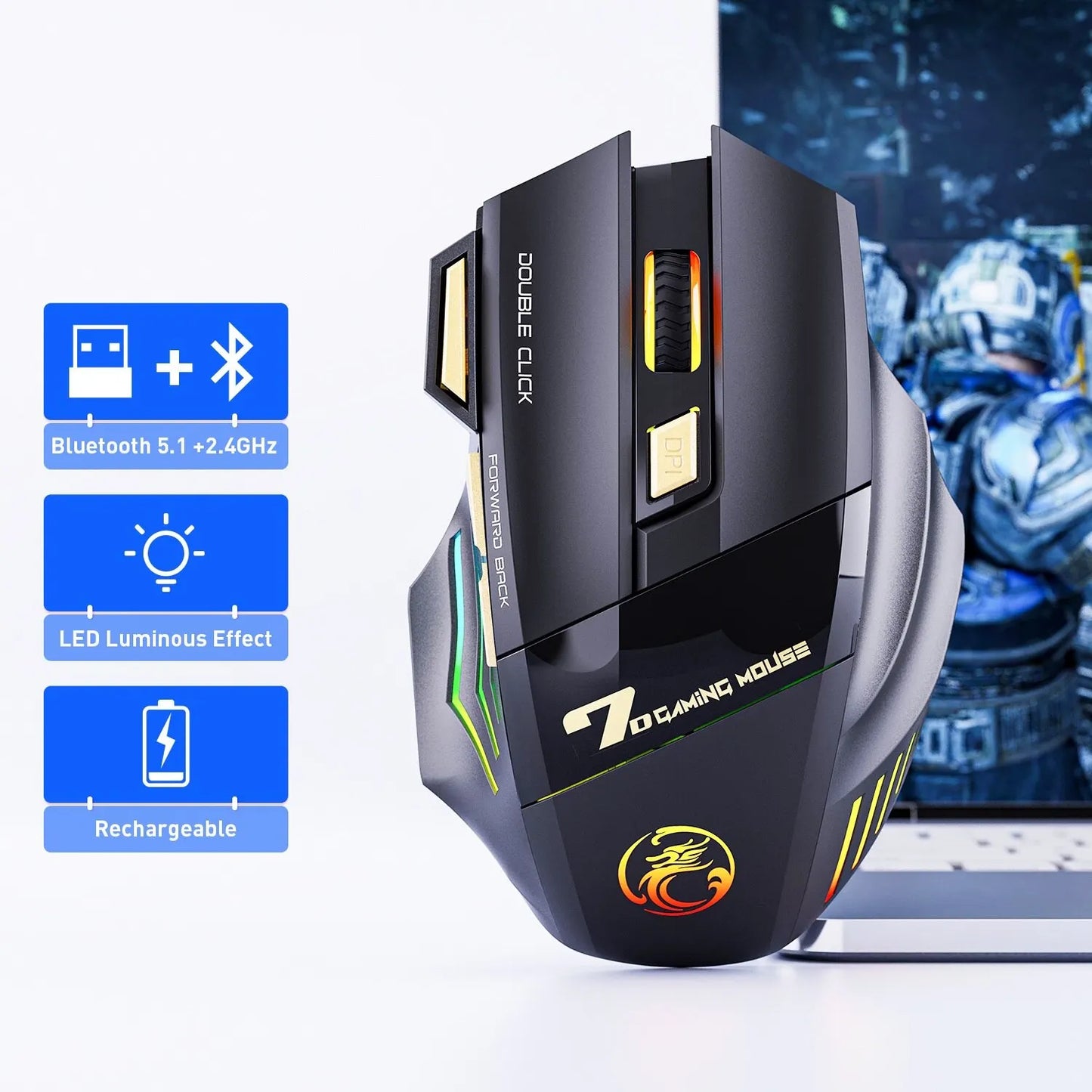 Rato sem fios para jogos USB IMICE GW-X7 3200 DPI modo duplo recarregável 7 teclas 2,4 GHz rato silencioso Bluetooth LED de respiração de 7 cores