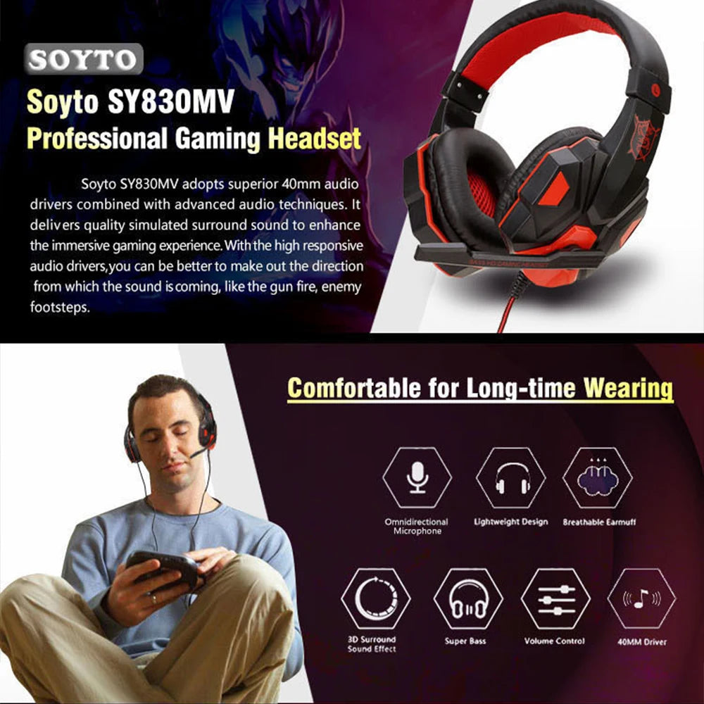 Auscultadores Gaming com Microfone e Luz LED – Som Estéreo e Graves Profundos para PC, PS4, Xbox e Mais