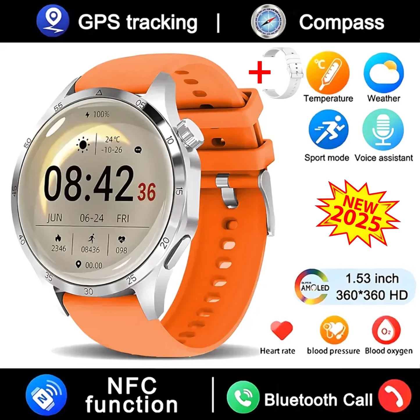 Novo relógio inteligente GT4 Pro MAX 2025, homem e mulher, ecrã HD 360*360, GPS NFC, bússola, ritmo cardíaco, desportos ao ar livre, IP68