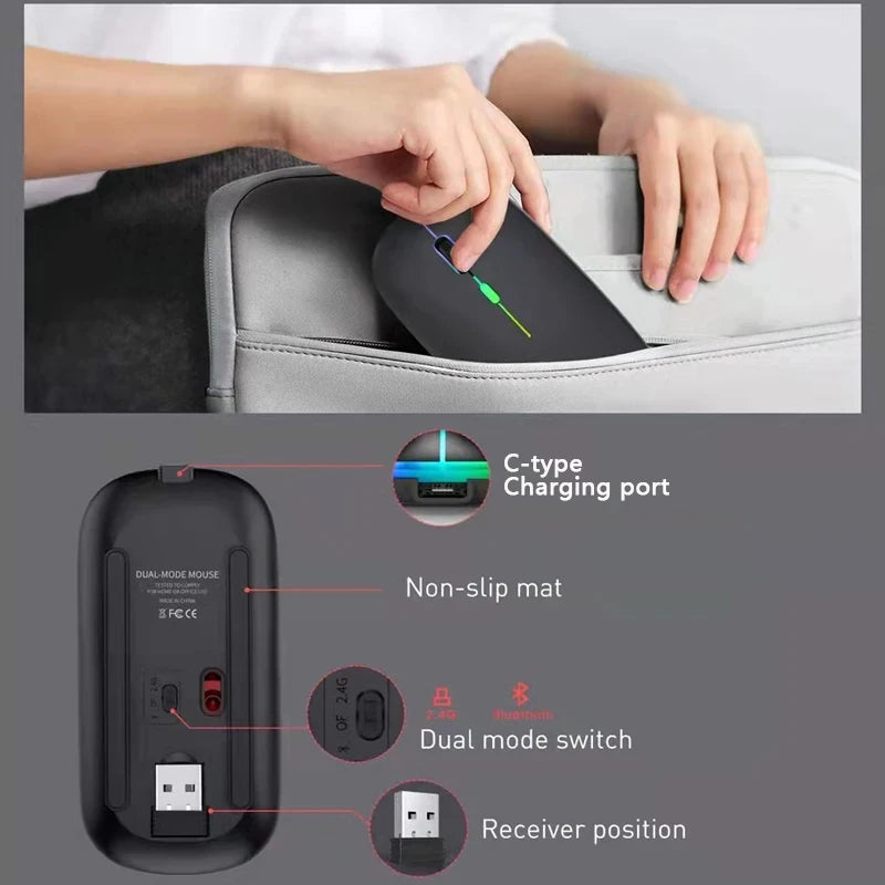 Rato sem fios Bluetooth e 2,4 GHz Modos duplos Recarregável RGB Ergonómico