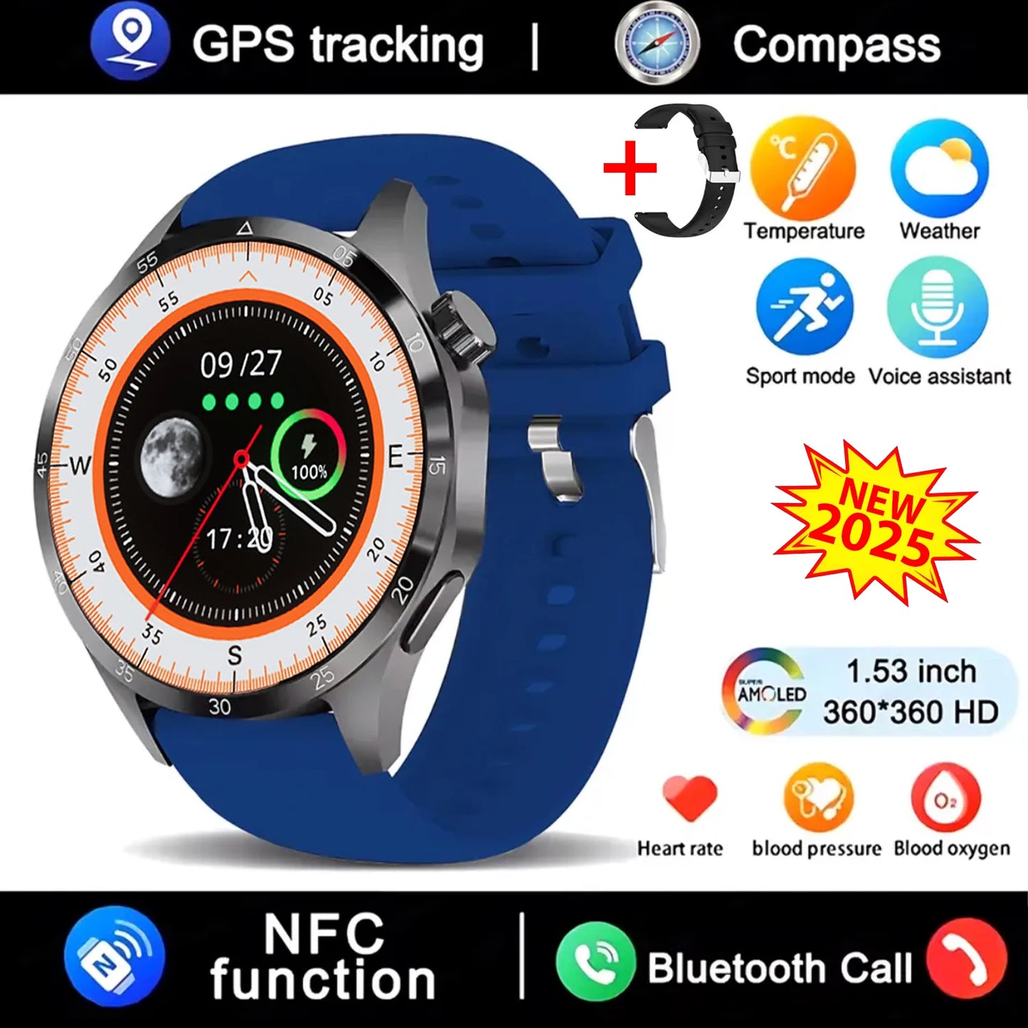 Novo relógio inteligente GT4 Pro MAX 2025, homem e mulher, ecrã HD 360*360, GPS NFC, bússola, ritmo cardíaco, desportos ao ar livre, IP68