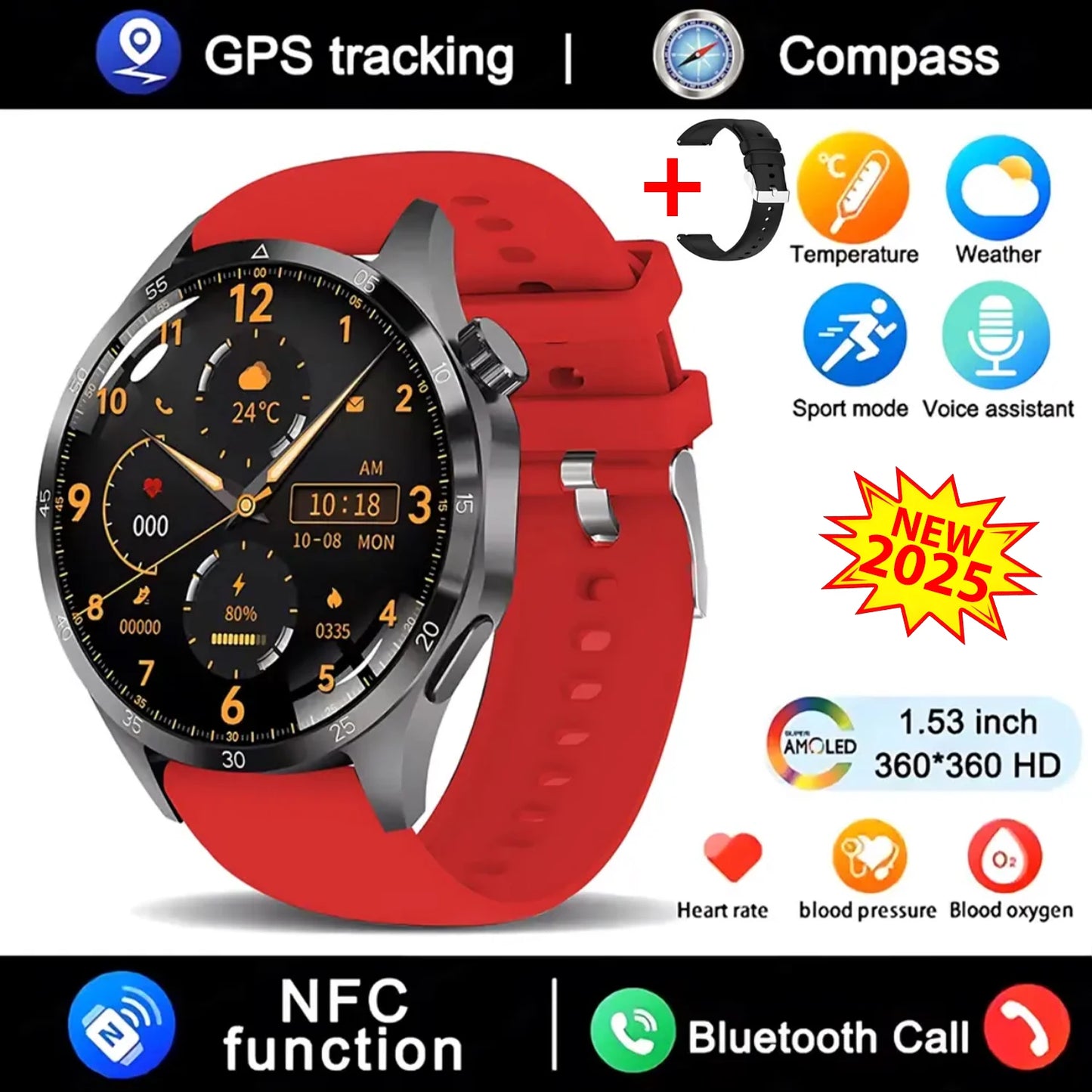 Novo relógio inteligente GT4 Pro MAX 2025, homem e mulher, ecrã HD 360*360, GPS NFC, bússola, ritmo cardíaco, desportos ao ar livre, IP68