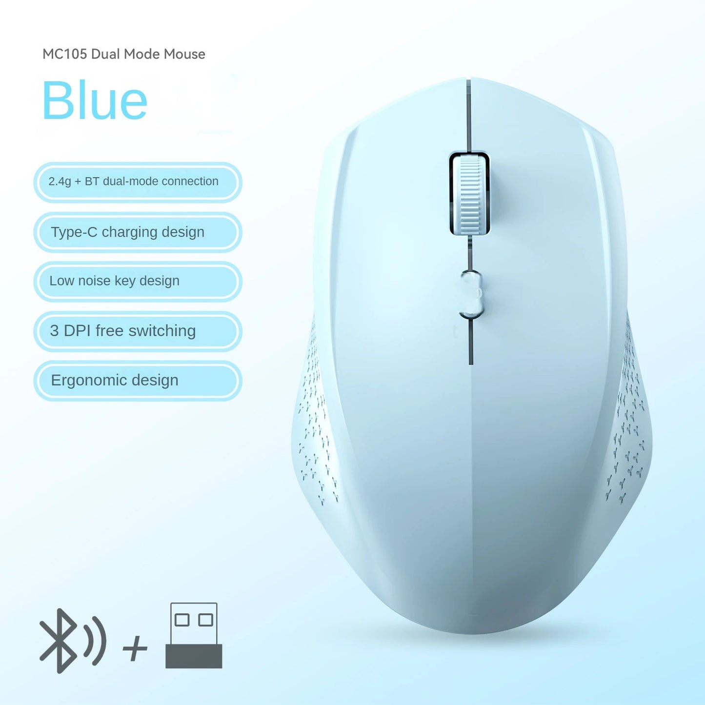 Rato Bluetooth 5.2 sem fios 2.4G, modo duplo, silencioso, recarregável, 1600 DPI, para portátil, Windows, Mac OS
