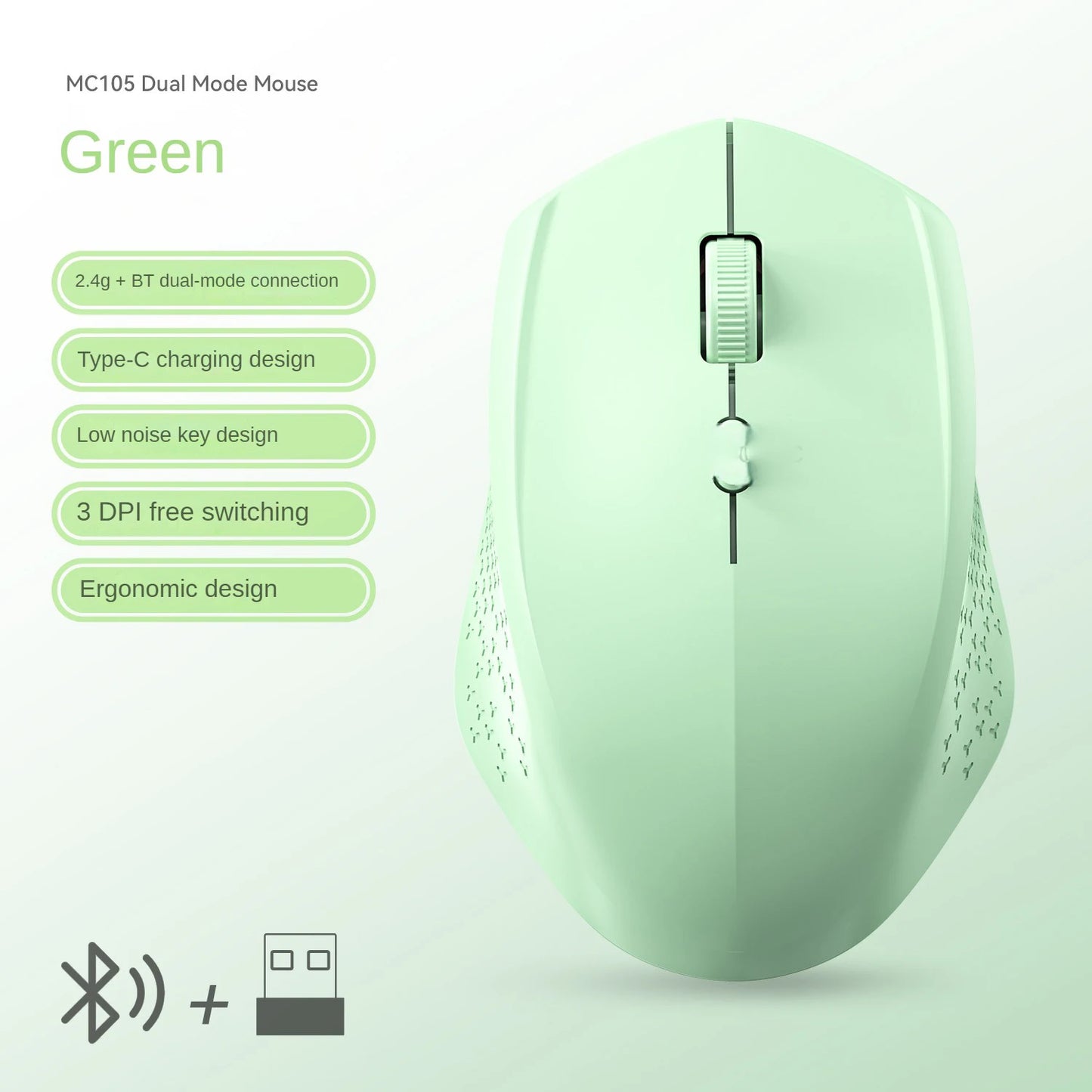 Rato Bluetooth 5.2 sem fios 2.4G, modo duplo, silencioso, recarregável, 1600 DPI, para portátil, Windows, Mac OS