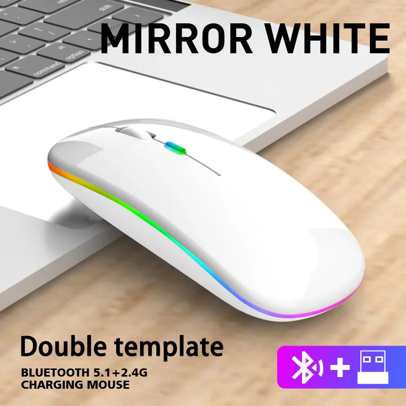 Rato sem fios Bluetooth e 2,4 GHz Modos duplos Recarregável RGB Ergonómico