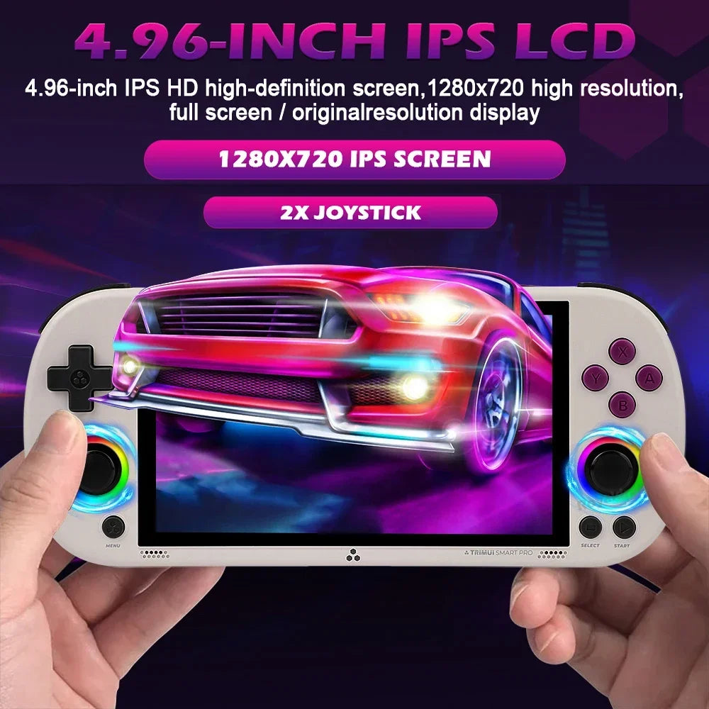 Consola de videojogos portátil Trimui Smart Pro com ecrã IPS de 4,96'', videojogo retro, joystick para sistema Linux de 128G e 256G, luz RGB, mais de 13.000 jogos