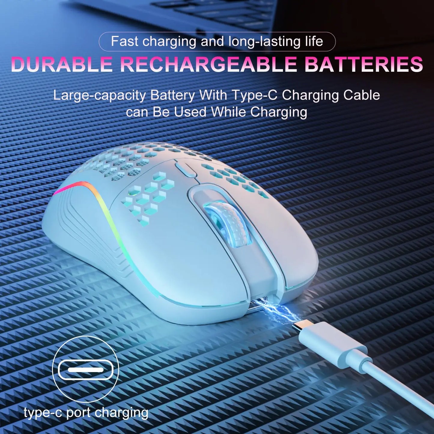 Rato gaming sem fios 2.4G com iluminação RGB e carregamento, DPI ajustável, design ergonómico em forma de favo de mel, para desktop e portátil