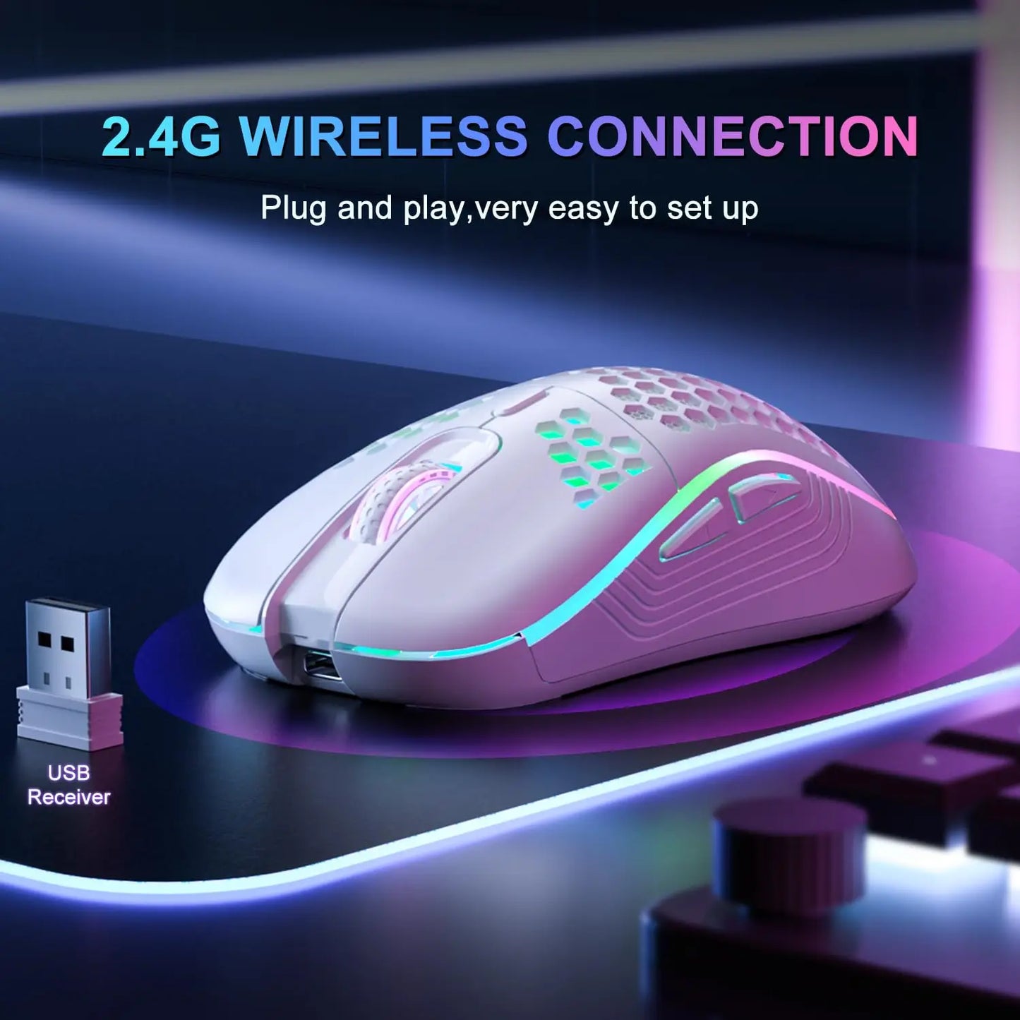 Rato gaming sem fios 2.4G com iluminação RGB e carregamento, DPI ajustável, design ergonómico em forma de favo de mel, para desktop e portátil