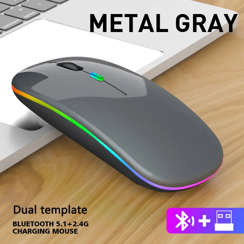 Rato sem fios Bluetooth e 2,4 GHz Modos duplos Recarregável RGB Ergonómico