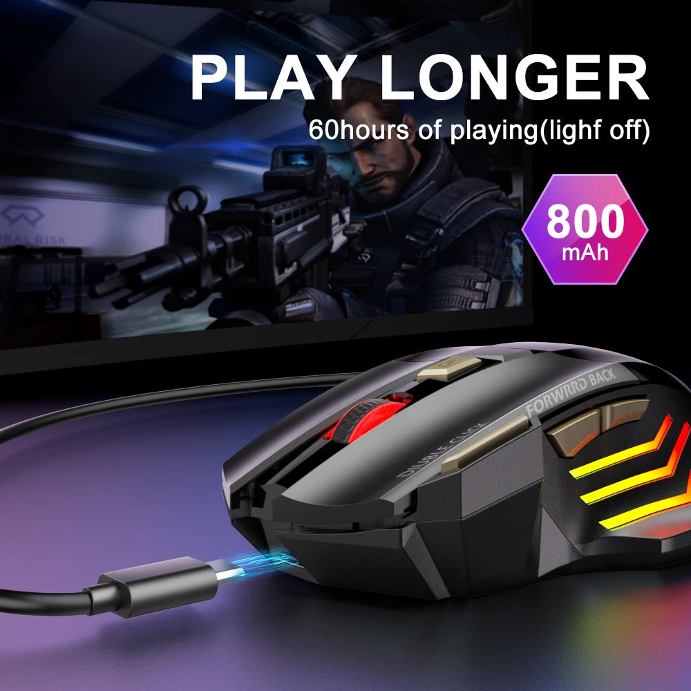 Rato Bluetooth recarregável sem fios para PC Gamer Rato para jogos de computador Rato ergonómico 5500 DPI para portátil e iPad