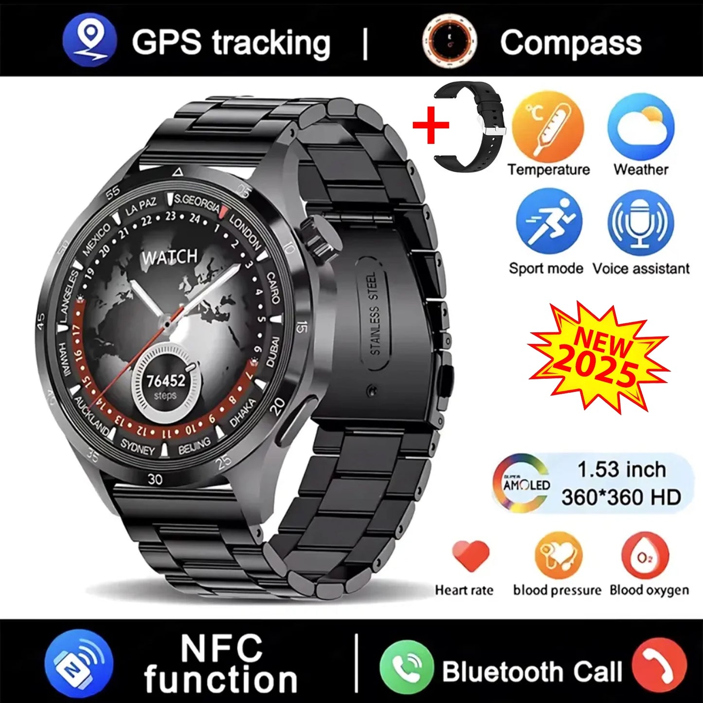 Novo relógio inteligente GT4 Pro MAX 2025, homem e mulher, ecrã HD 360*360, GPS NFC, bússola, ritmo cardíaco, desportos ao ar livre, IP68
