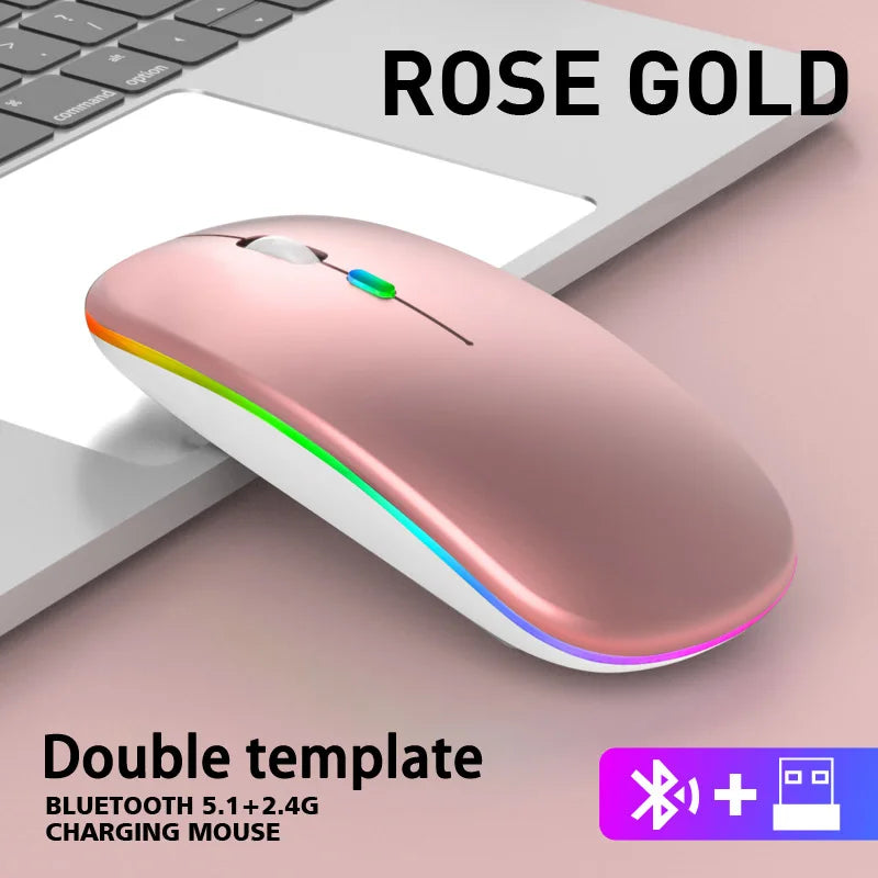 Rato sem fios Bluetooth e 2,4 GHz Modos duplos Recarregável RGB Ergonómico