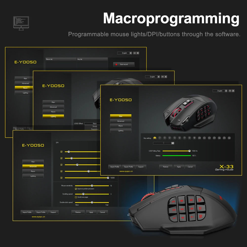 Rato óptico gaming sem fios E-YOOSO X-33 RGB USB 2.4G 16000 DPI, 16 botões, programável, para computador, PC e portátil