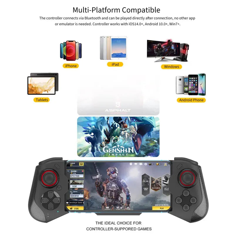 Comando de telemóvel para iPhone/Android/Steam, comando sem fios para jogos, comando Bluetooth, joystick com cabo elástico para PC