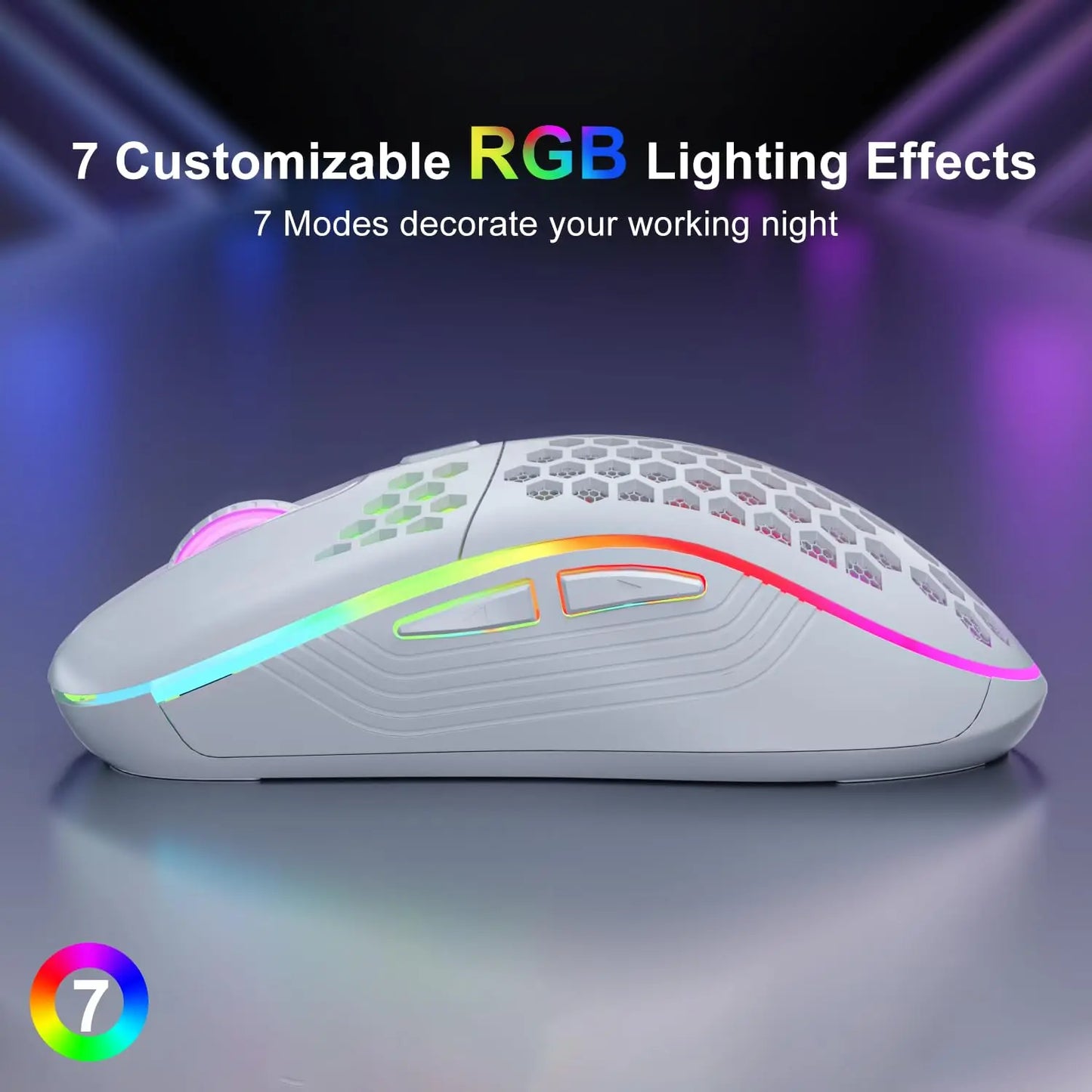 Rato gaming sem fios 2.4G com iluminação RGB e carregamento, DPI ajustável, design ergonómico em forma de favo de mel, para desktop e portátil