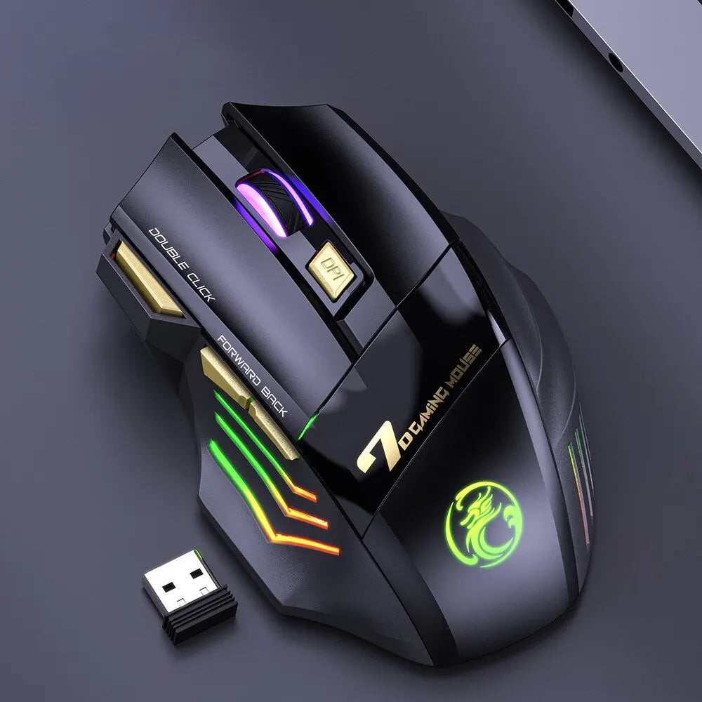 Rato sem fios para jogos USB IMICE GW-X7 3200 DPI modo duplo recarregável 7 teclas 2,4 GHz rato silencioso Bluetooth LED de respiração de 7 cores
