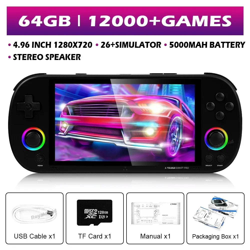 Consola de videojogos portátil Trimui Smart Pro com ecrã IPS de 4,96'', videojogo retro, joystick para sistema Linux de 128G e 256G, luz RGB, mais de 13.000 jogos