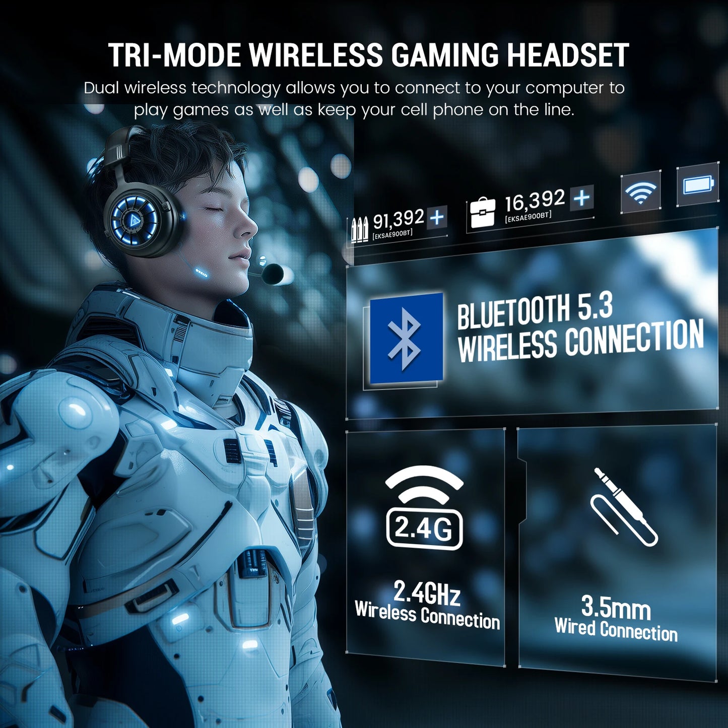 EKSA E5000 BT 2.4GHz Wireless Headphones Bluetooth 5.3 Gaming Headset Gamer with ENC Noise Cancelling Mic for PC/PS5/Xbox, 100H
