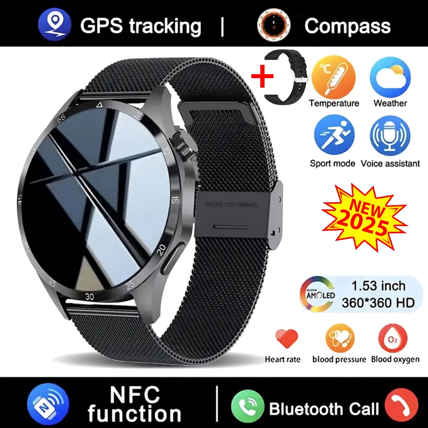 Novo relógio inteligente GT4 Pro MAX 2025, homem e mulher, ecrã HD 360*360, GPS NFC, bússola, ritmo cardíaco, desportos ao ar livre, IP68