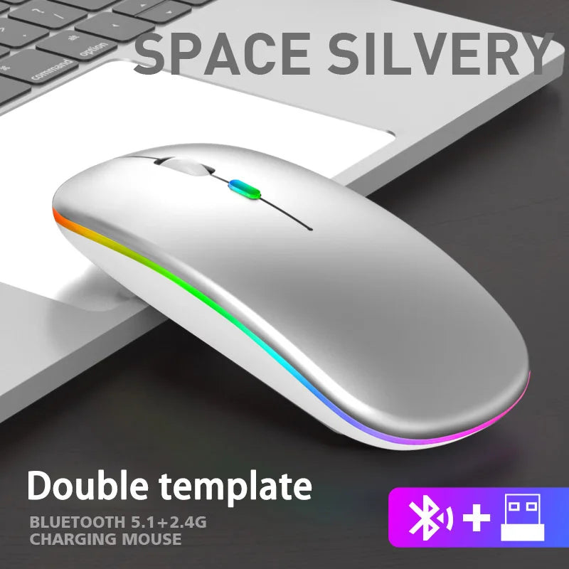 Rato sem fios Bluetooth e 2,4 GHz Modos duplos Recarregável RGB Ergonómico