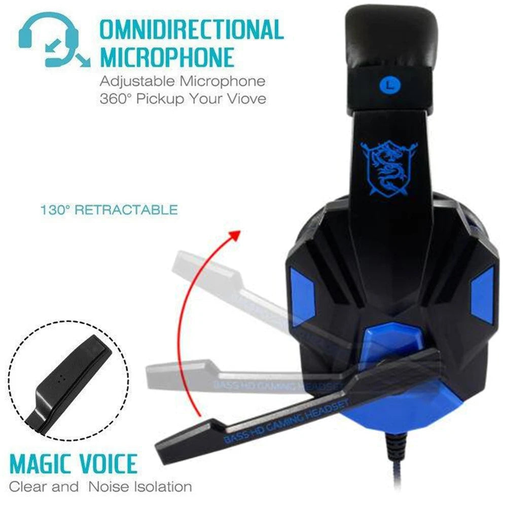 Auscultadores Gaming com Microfone e Luz LED – Som Estéreo e Graves Profundos para PC, PS4, Xbox e Mais