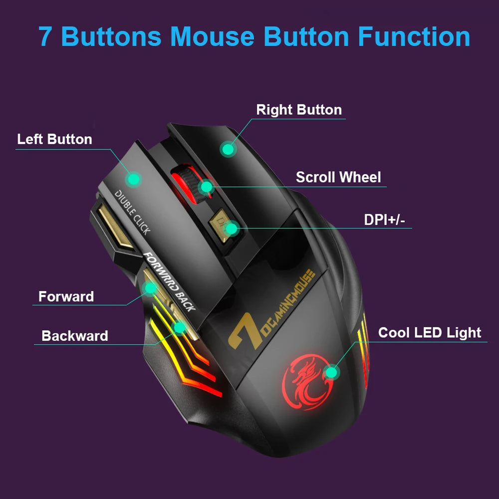 Rato Bluetooth recarregável sem fios para PC Gamer Rato para jogos de computador Rato ergonómico 5500 DPI para portátil e iPad