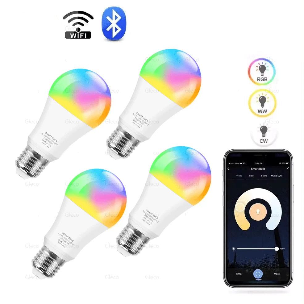 Lâmpada LED Inteligente Tuya Wi-Fi/Bluetooth - Compatível com Alexa e Google Assistant, Base E27, RGB, para Smart Life