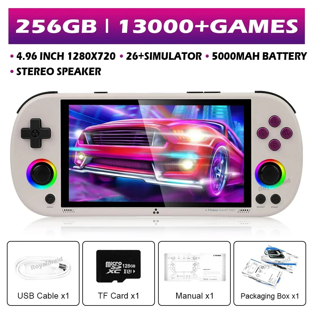 Consola de videojogos portátil Trimui Smart Pro com ecrã IPS de 4,96'', videojogo retro, joystick para sistema Linux de 128G e 256G, luz RGB, mais de 13.000 jogos
