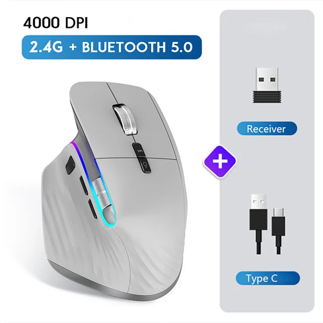 Rato sem fios multidispositivo Bluetooth 5.0 e 3.0 Rato óptico portátil sem fios 2.4G Ratos de computador ergonómicos para destros