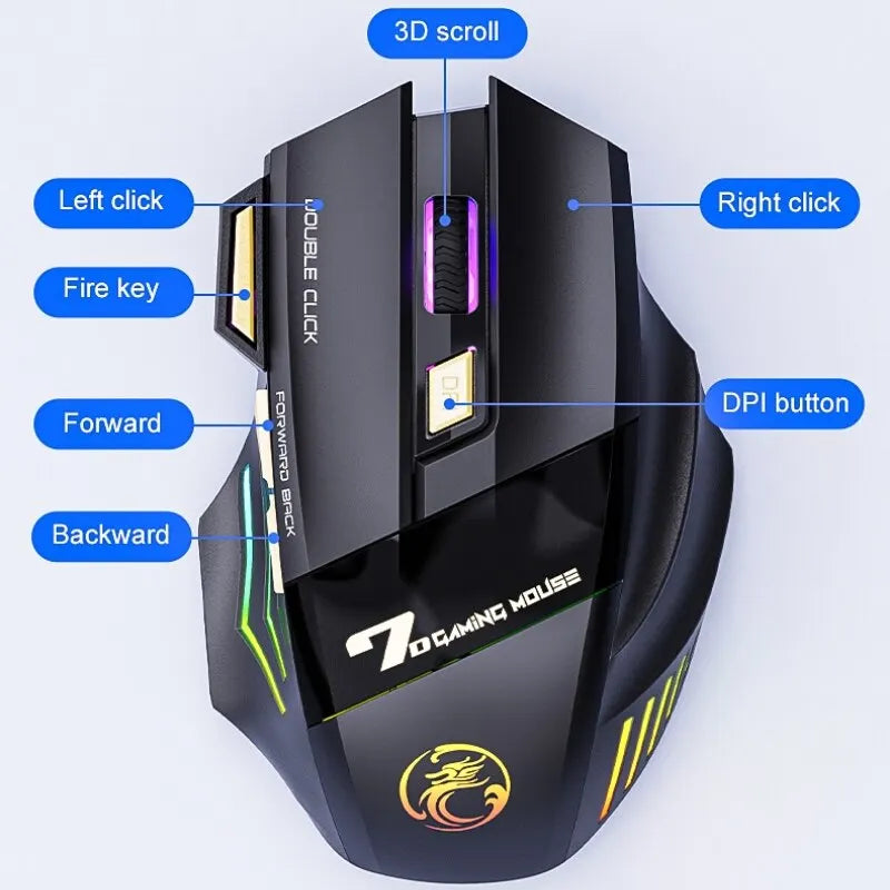 Rato sem fios para jogos USB IMICE GW-X7 3200 DPI modo duplo recarregável 7 teclas 2,4 GHz rato silencioso Bluetooth LED de respiração de 7 cores