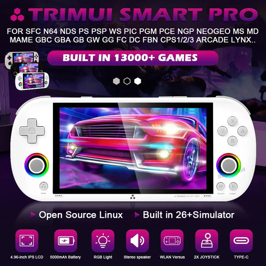 Consola de videojogos portátil Trimui Smart Pro com ecrã IPS de 4,96'', videojogo retro, joystick para sistema Linux de 128G e 256G, luz RGB, mais de 13.000 jogos