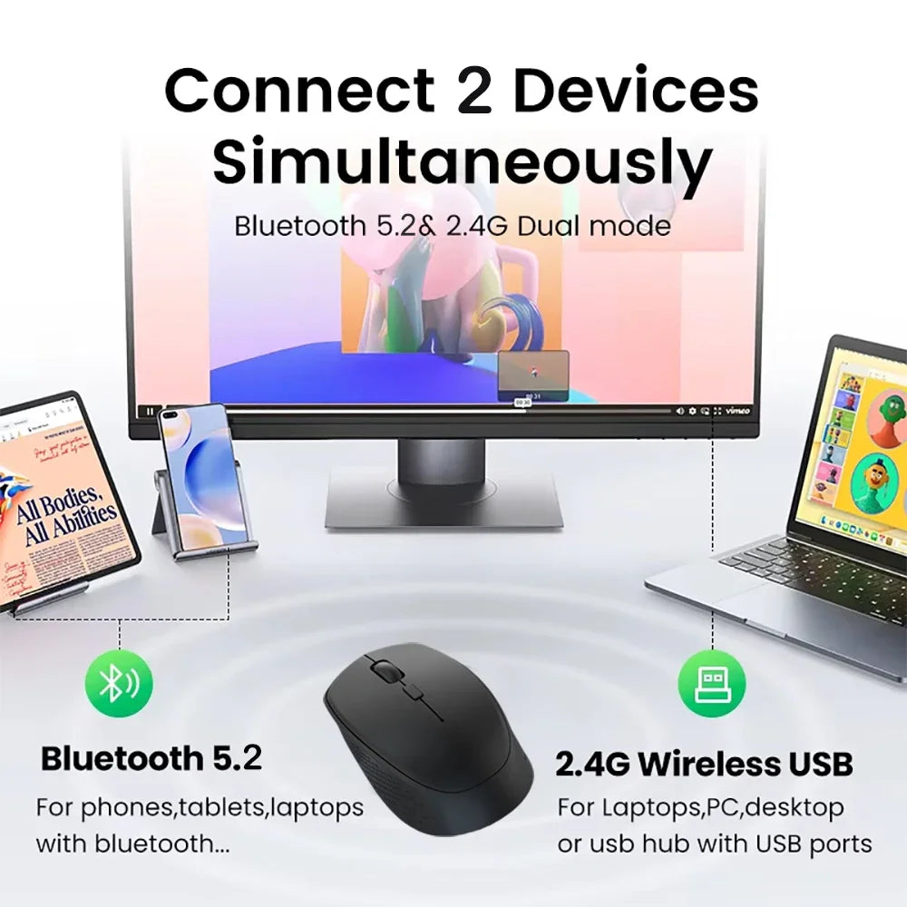 Rato Bluetooth 5.2 sem fios 2.4G, modo duplo, silencioso, recarregável, 1600 DPI, para portátil, Windows, Mac OS