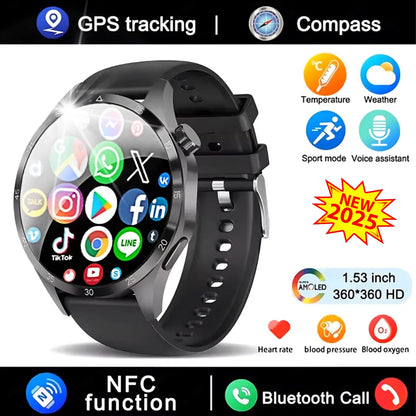 Novo relógio inteligente GT4 Pro MAX 2025, homem e mulher, ecrã HD 360*360, GPS NFC, bússola, ritmo cardíaco, desportos ao ar livre, IP68