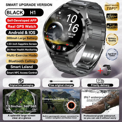 Relógio inteligente desportivo para homem HUAWEI IOS com GPS, ecrã HD AMOLED de 1,53 polegadas, à prova de água IP68, com chamada Bluetooth NFC, 2024