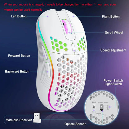 Rato gaming sem fios 2.4G com iluminação RGB e carregamento, DPI ajustável, design ergonómico em forma de favo de mel, para desktop e portátil