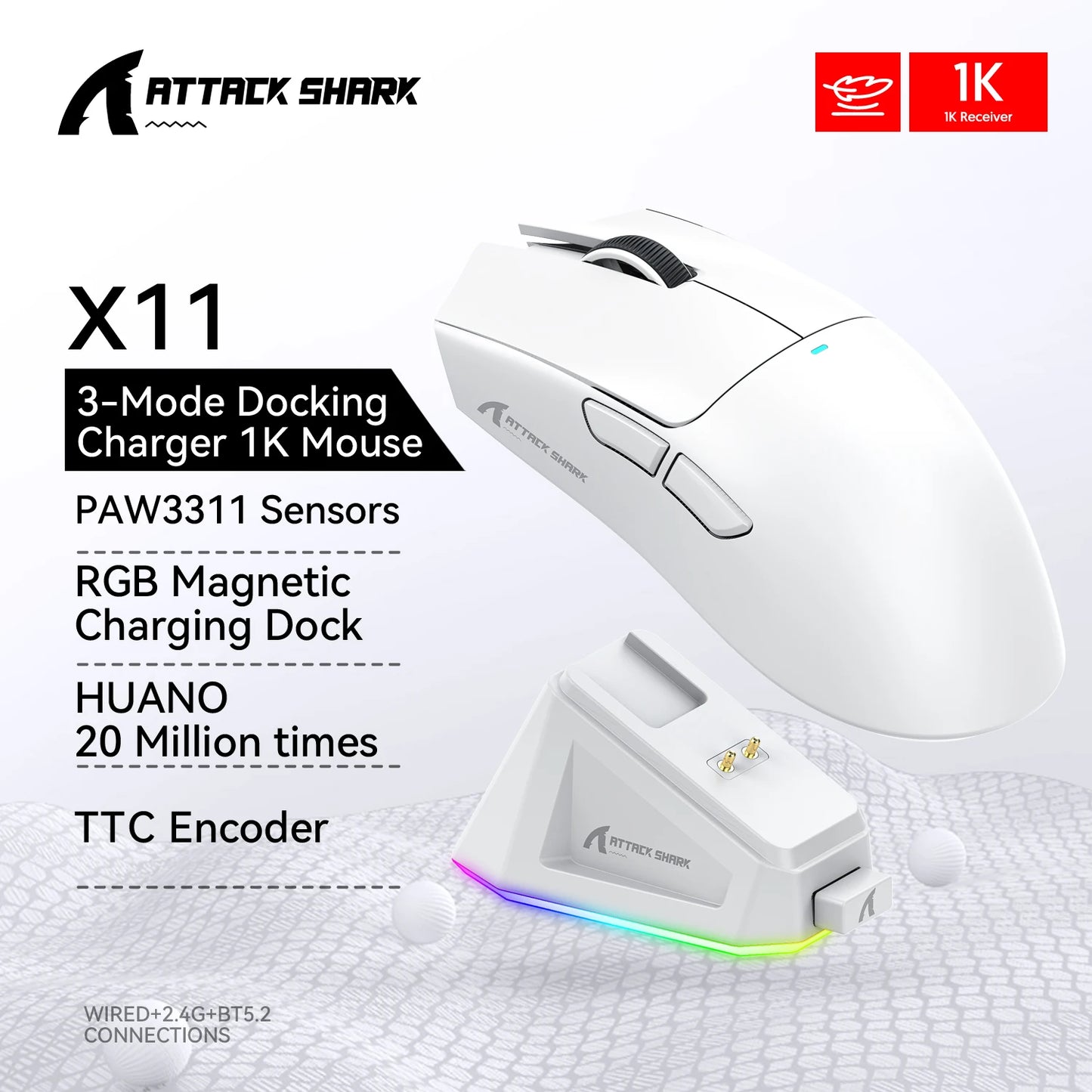 Rato sem fios Attack Shark X11, Bluetooth/2.4G/com fios, rato tri-mode, base de carregamento magnético RGB PAW3311, rato para jogos